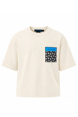 Washington Roberts Benin Boys Ivory heavyweight cotton graphic t-shirt with custom jacquard pocket and embroidered logo.