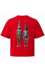 Load image into Gallery viewer, Washington Roberts Benin Boys Red t-shirt featuring archival Edo dancer artwork inspired by early 1900s Benin heritage photography.
