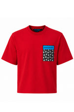 Load image into Gallery viewer, Washington Roberts Benin Boys Red heavyweight cotton graphic t-shirt with custom jacquard pocket and embroidered logo.
