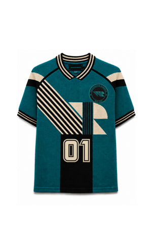 A short-sleeve V-neck Washington Roberts Keeper's Son Knit athletic-style Jersey in teal Mercerized cotton intarsia knit. Featuring diagonal striped graphic panels, a large 'R' motif, the number '01' on the front, and a circular crest on the left chest
