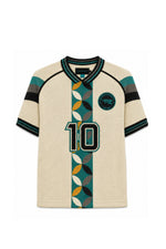 Load image into Gallery viewer, A short-sleeve V-neck Washington Roberts Keeper's Son Knit Jersey in Cream Mercerized cotton intarsia knit with a colorful signature panel geometric print at the front. Featuring the number 10 on the front and a circular crest on the left chest.

