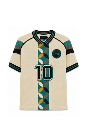 A short-sleeve V-neck Washington Roberts Keeper's Son Knit Jersey in Cream Mercerized cotton intarsia knit with a colorful signature panel geometric print at the front. Featuring the number 10 on the front and a circular crest on the left chest.