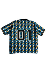 Load image into Gallery viewer, A short-sleeve t-shirt with a repeating geometric pattern of interlocking black, white, and orange ovals on a dark teal background. The back of the shirt features the name 'WASHINGTON ROBERTS' printed in white across the upper back, and the number '01' in a black block with a teal outline in the center.
