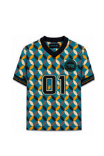 Load image into Gallery viewer, Washington Roberts Keeper's Son   Mercerized cotton knit jacquard signature geometric print. A short-sleeve V-neck jersey with a colorful geometric pattern of interlocking arches in teal, orange, cream, and Black. The front features the number '01' in black with a white outline, and a circular crest on the left chest.
