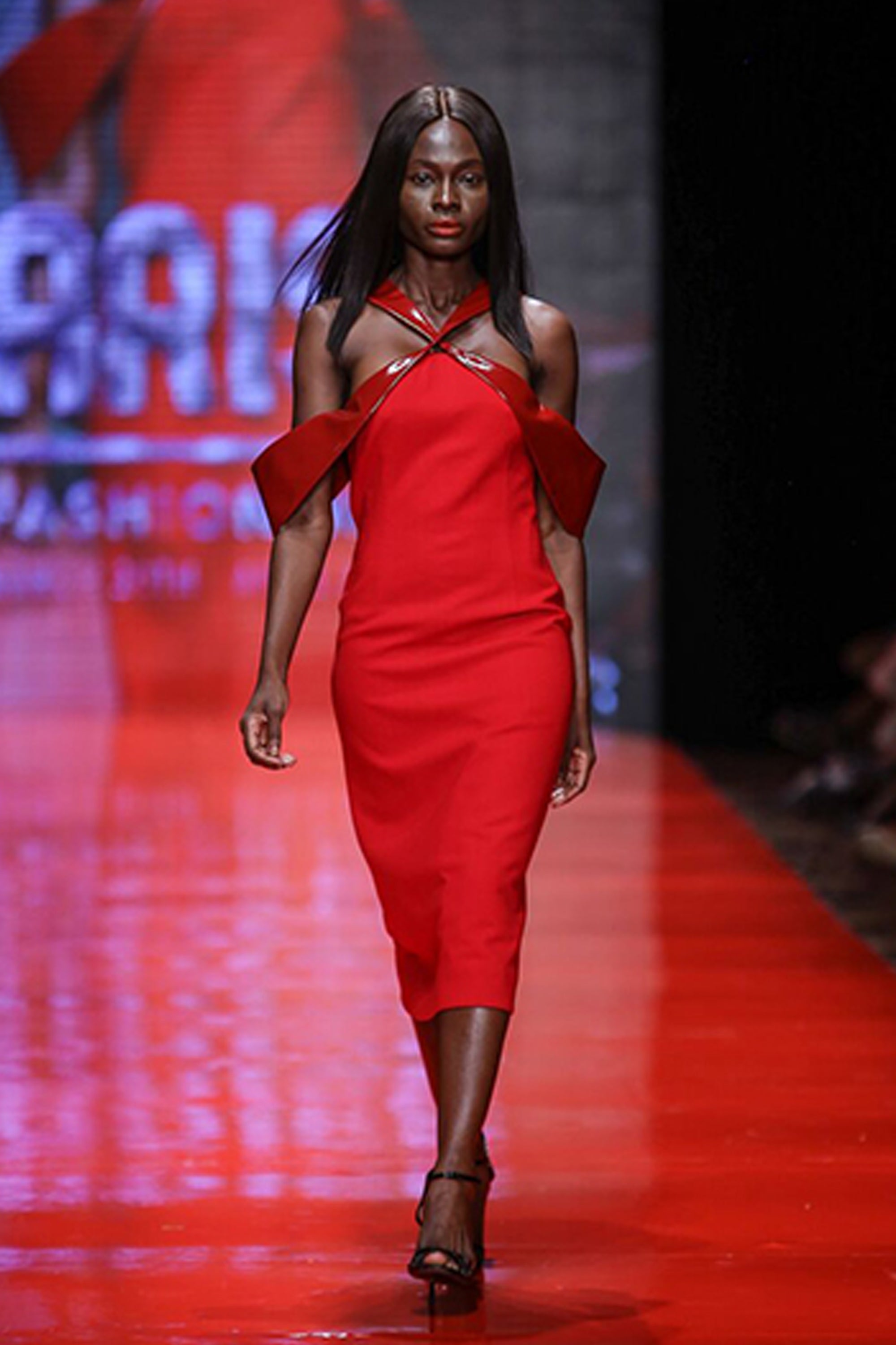 Washington Roberts at Arise Fashion Week - Red Kite Dress - Wool Crepe with Patent leather